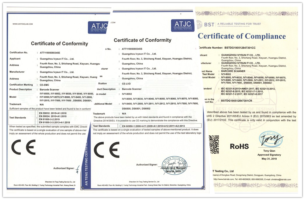 喜訊:廣州艾韋迅科技自主研發掃描槍產品通過歐盟CE和ROHS認證