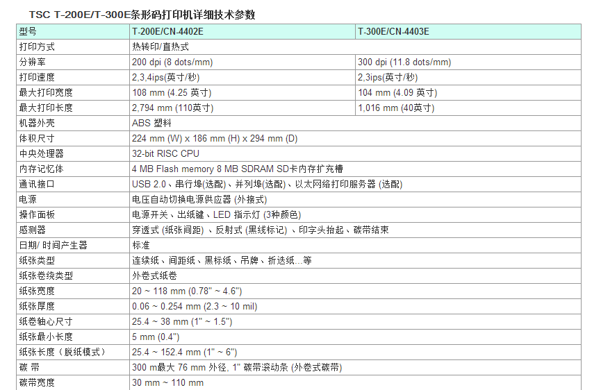 TSC T-200/T-300條碼打印機參數